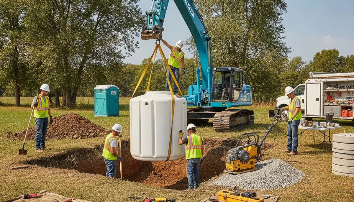 Fort Wayne, IN plumbers installing a septic tank for a home service project