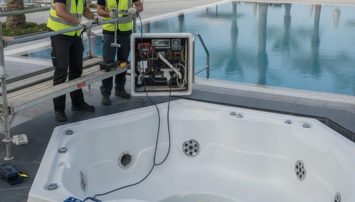 Spa repair technician servicing a home spa in Fort Wayne, IN for jet and heating issues