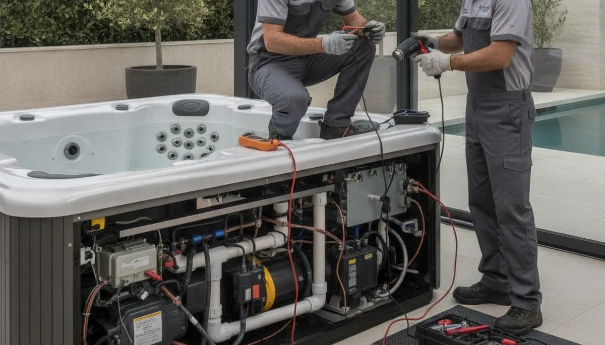 Spa repair technician servicing a home spa in Fort Wayne, IN for On Call Plumbers